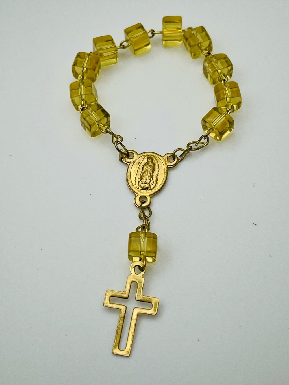Gold and Yellow Faceted Beaded Pocket Rosary Bracelet with Cross